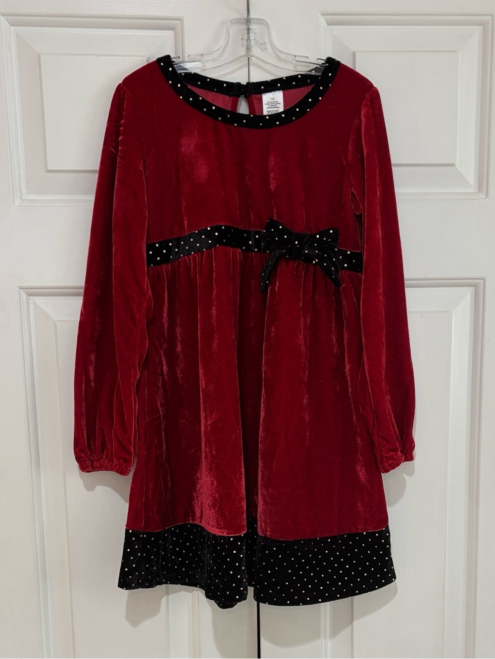 Avon Red Velvet Polka Dot Trim Holiday Dress Girls Size 7/8 EUC